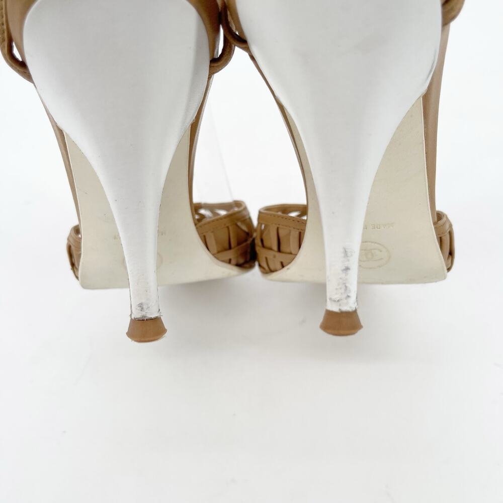 Chanel Vintage Retro Camel Tan Leather Woven Lattice Ankle Strap Heels EU 38 - Picture 9 of 14